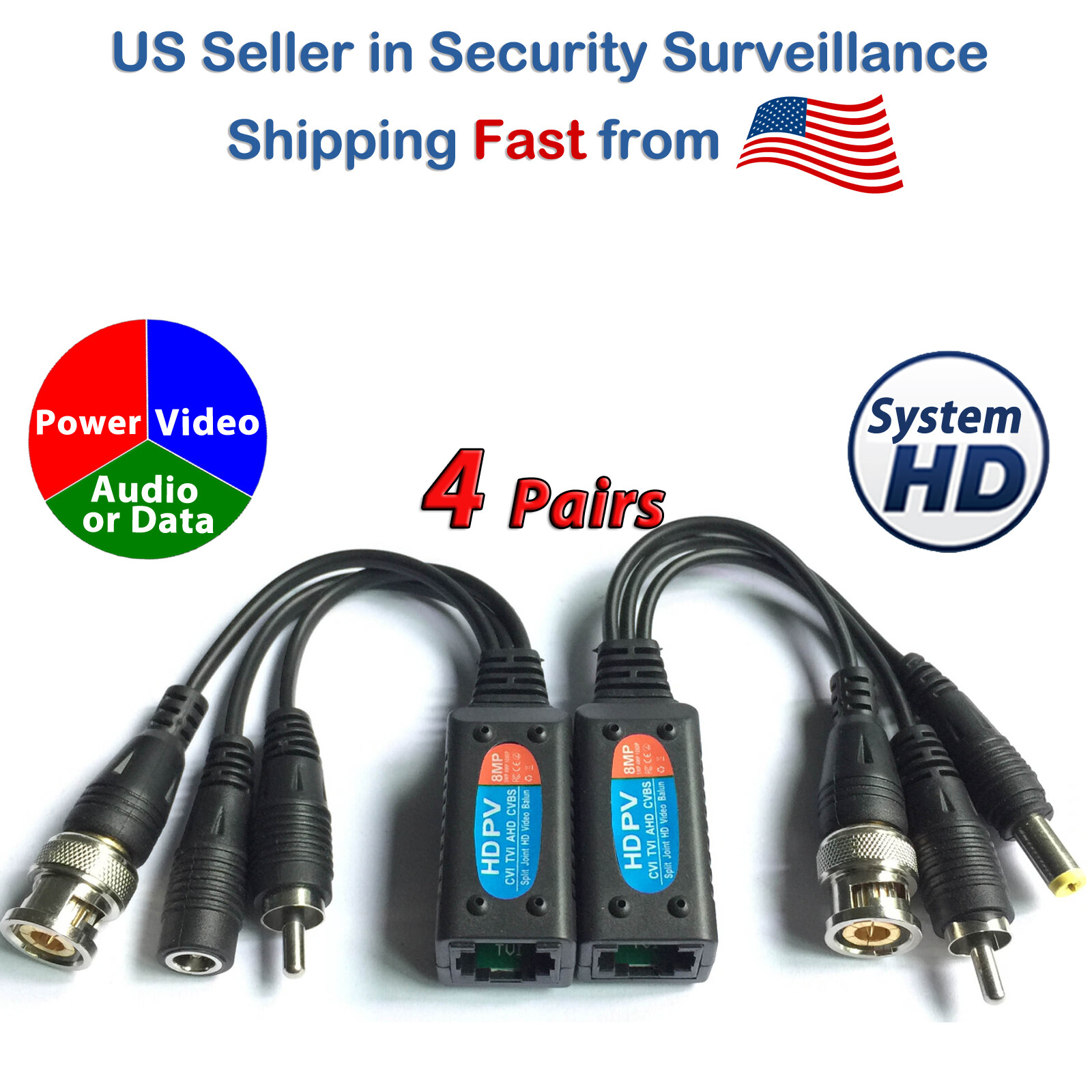 4 Pairs 8MP Video Power Audio Passive Video Balun UTP BNC to RJ45 Cat5 Cat6