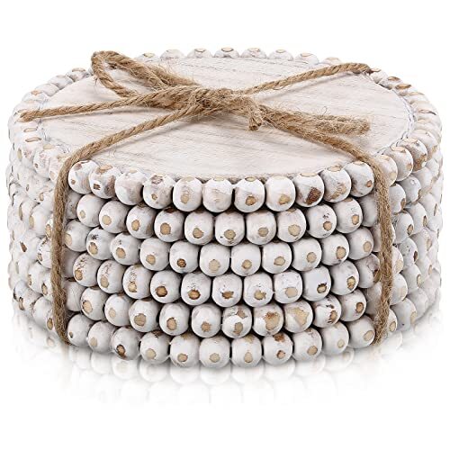 6 Pcs Beaded Wood Coasters Sets 3.94 Inches Round Beaded Coasters White