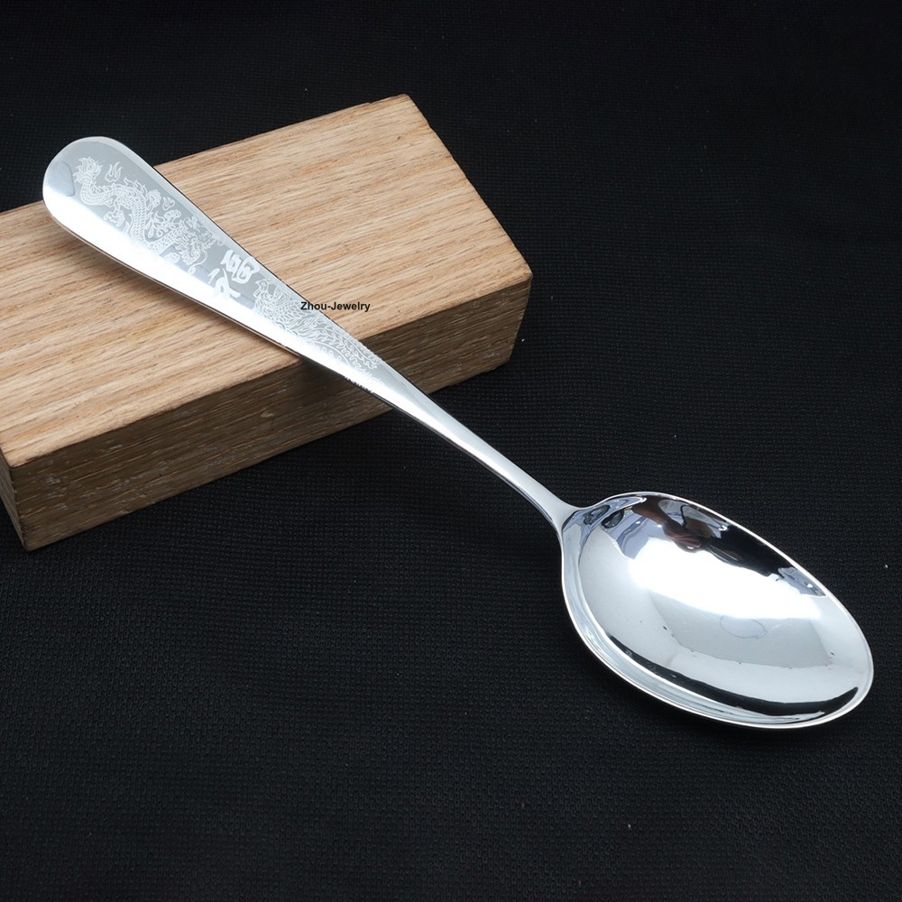 Solid 999 Fine Silver Dragon Phoenix Figure Spoon Dinnerware 29-31g 132x30mm