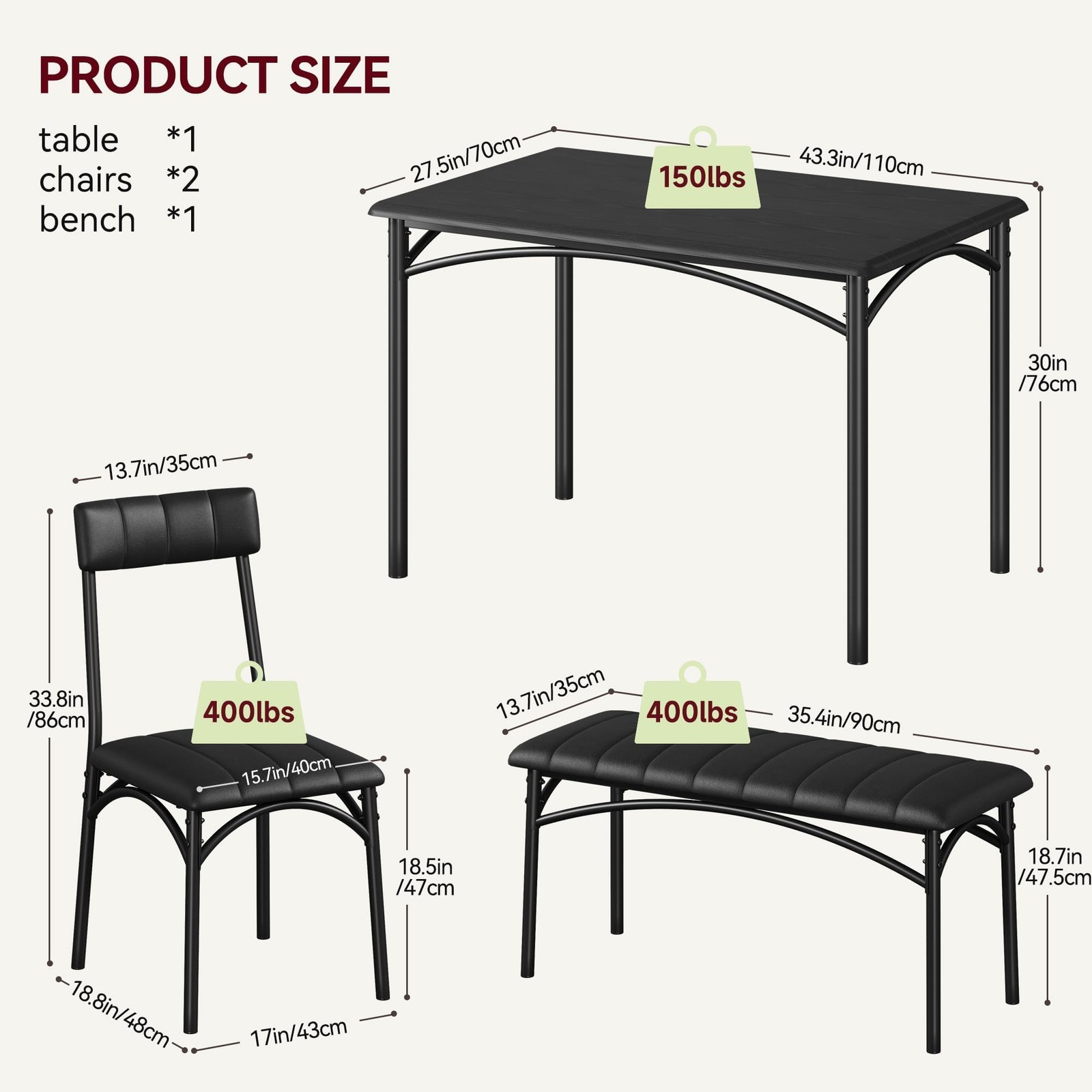 Dining Table Set for 4, Kitchen Table and Chairs Dining Room Table Set w/ Bench