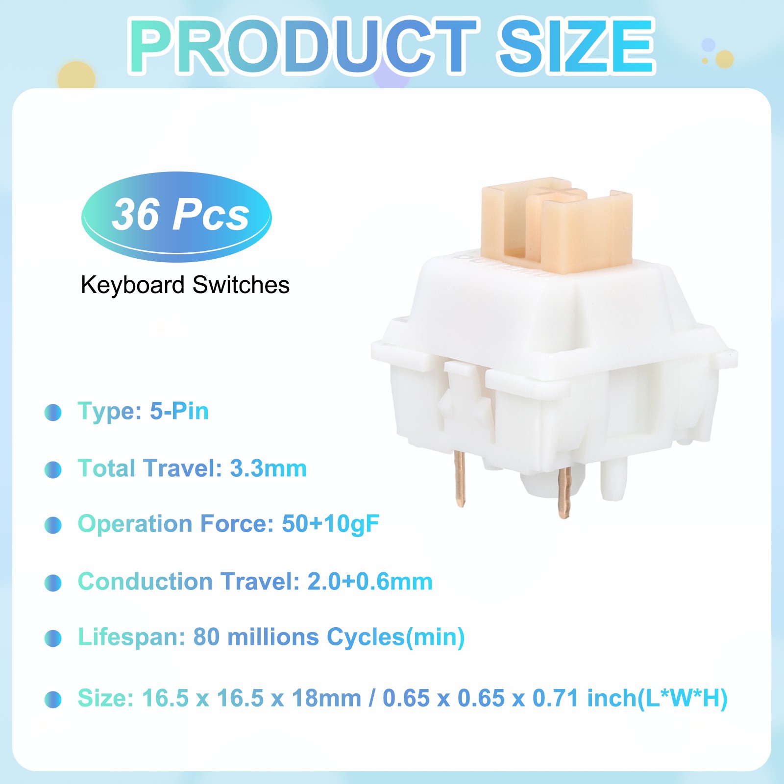36pcs Yellow Keyboard Switches 5-Pin 50gf Linear Keyboard Switch Replacement