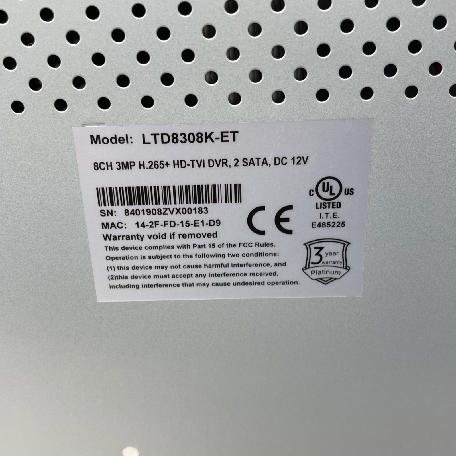 LTS LTD8308K-ET 8 CH 3MP DVR W/ Power Adapter