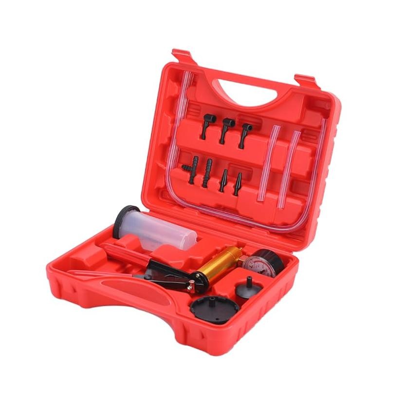 2 in 1 Brake Bleeder Kit with Hand Vacuum Pump with Gauge Adapters RED1