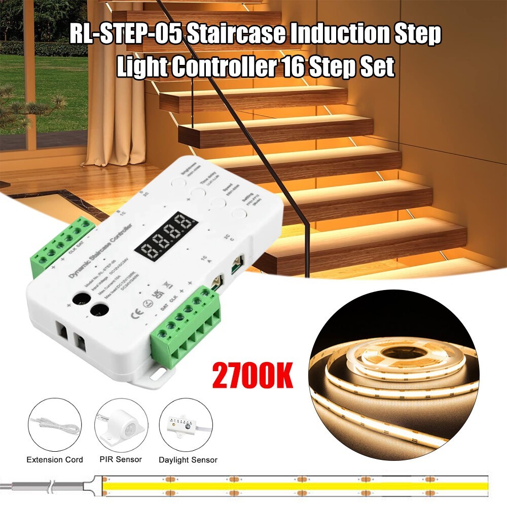 16/Steps LED Strip Light Stair Lighting Controller Motion Sensor System Full Set
