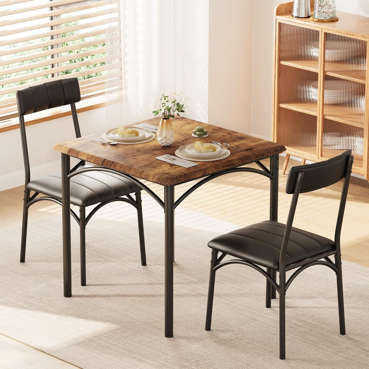 Space-Saving 3-Piece Dining Table Set for 2 – Square Kitchen Table with Upholste