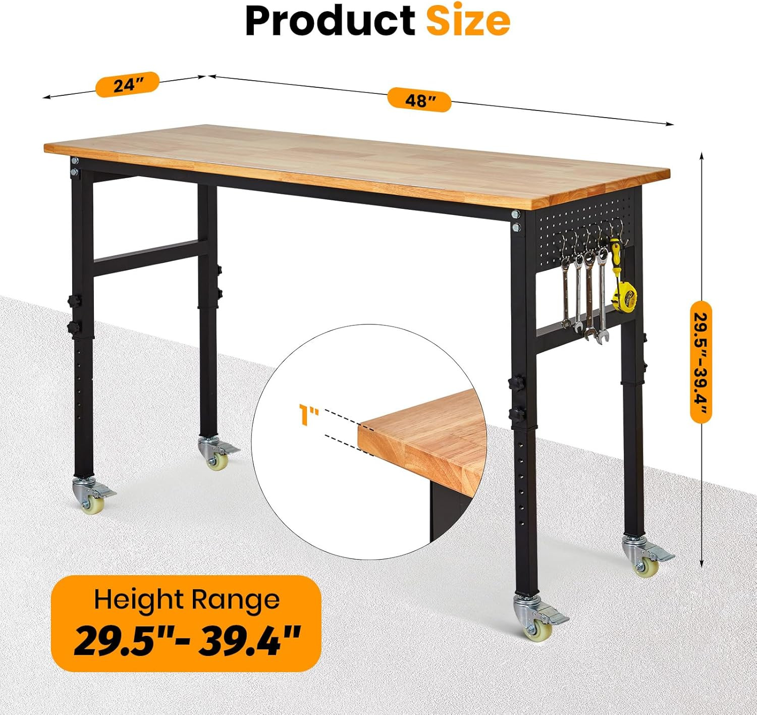 48" Adjustable Workbench, 8-Level Height Adjustable Rolling Work Table with Cast