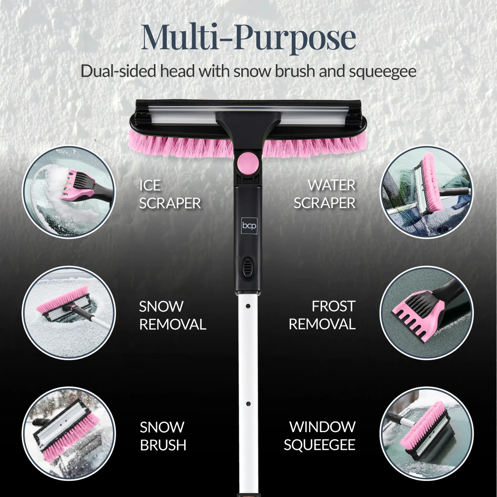 39 in. Pink Extendable Snow Brush with Squeegee and Ice Scraper.