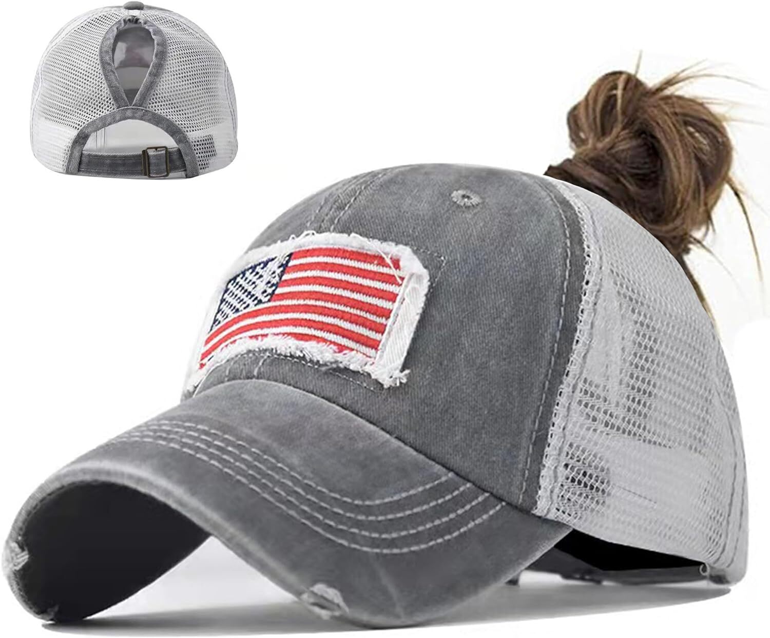 Woman Man Ponytail Baseball Cap - US Flag Breathable Mesh Medium, Gray