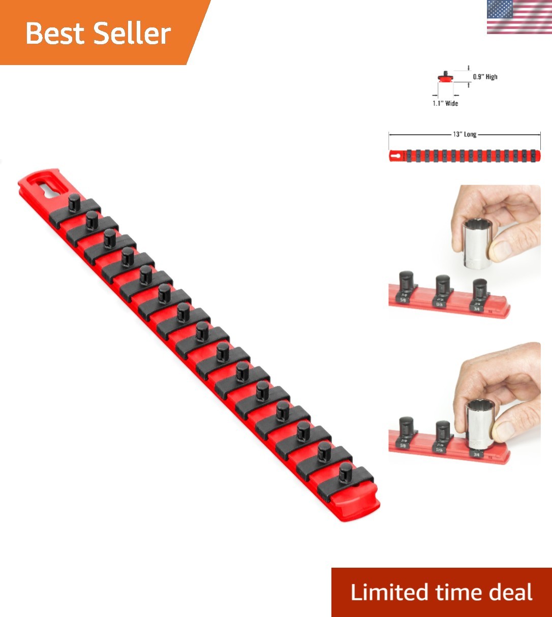 Effortless Tool Organization: 13-Inch Red Socket Organizer with Twist Lock Clips