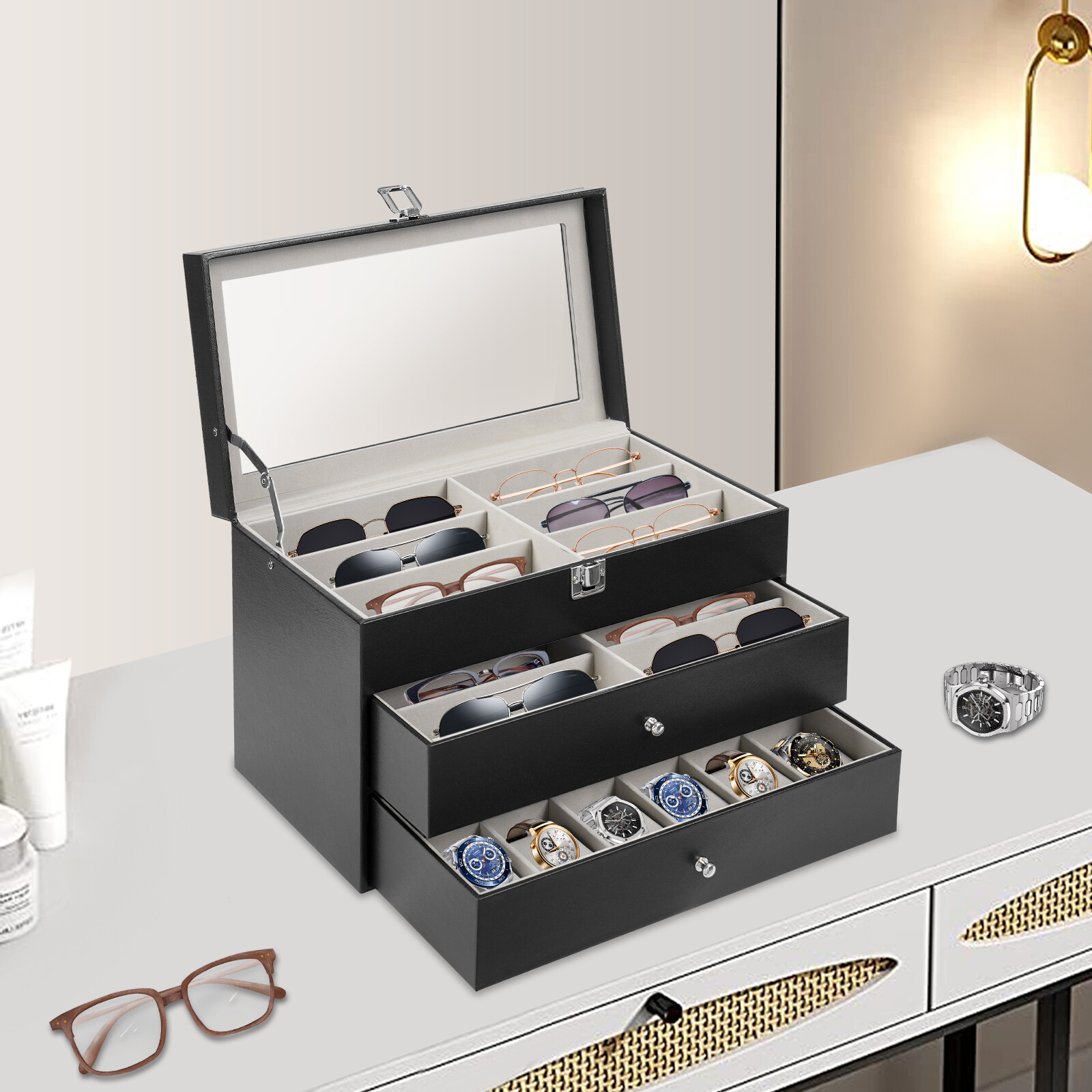 24 Slots Watch Box 3-Tier Glasses Storage Case with Clear Glass Lid Jewelry Case