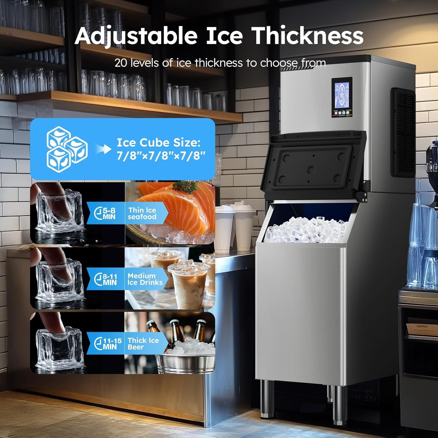 920LBS/24H Commercial Ice Maker Restaurant Ice Cube Machine 550lbs Storage Bin