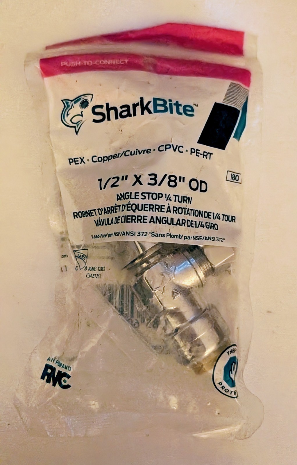 SharkBite 1/2" x  3/8" OD Supply Valve, angle stop quarter turn (chrome)