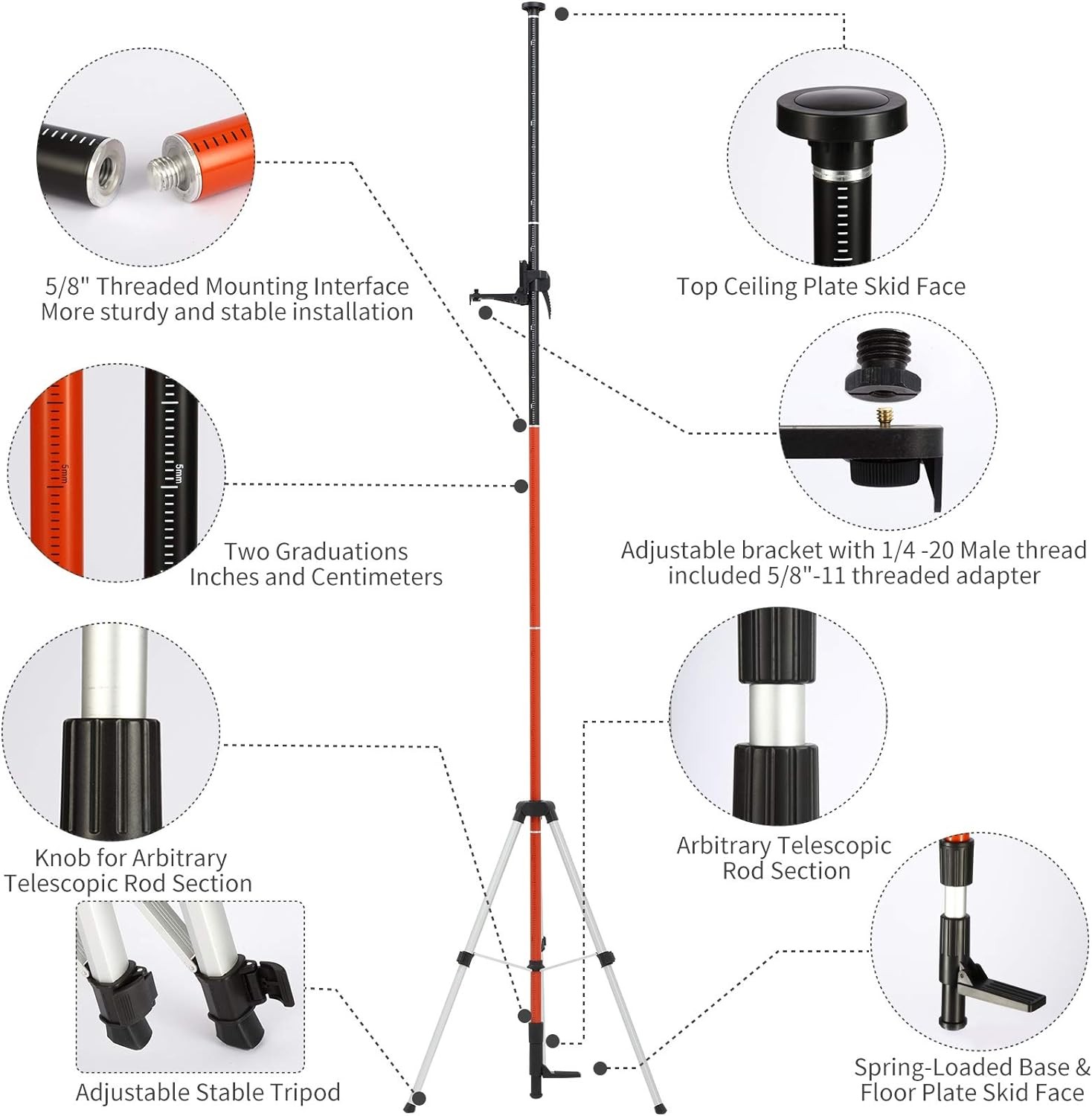 Telescoping Pole, Laser Level Support Pole with Red & Black