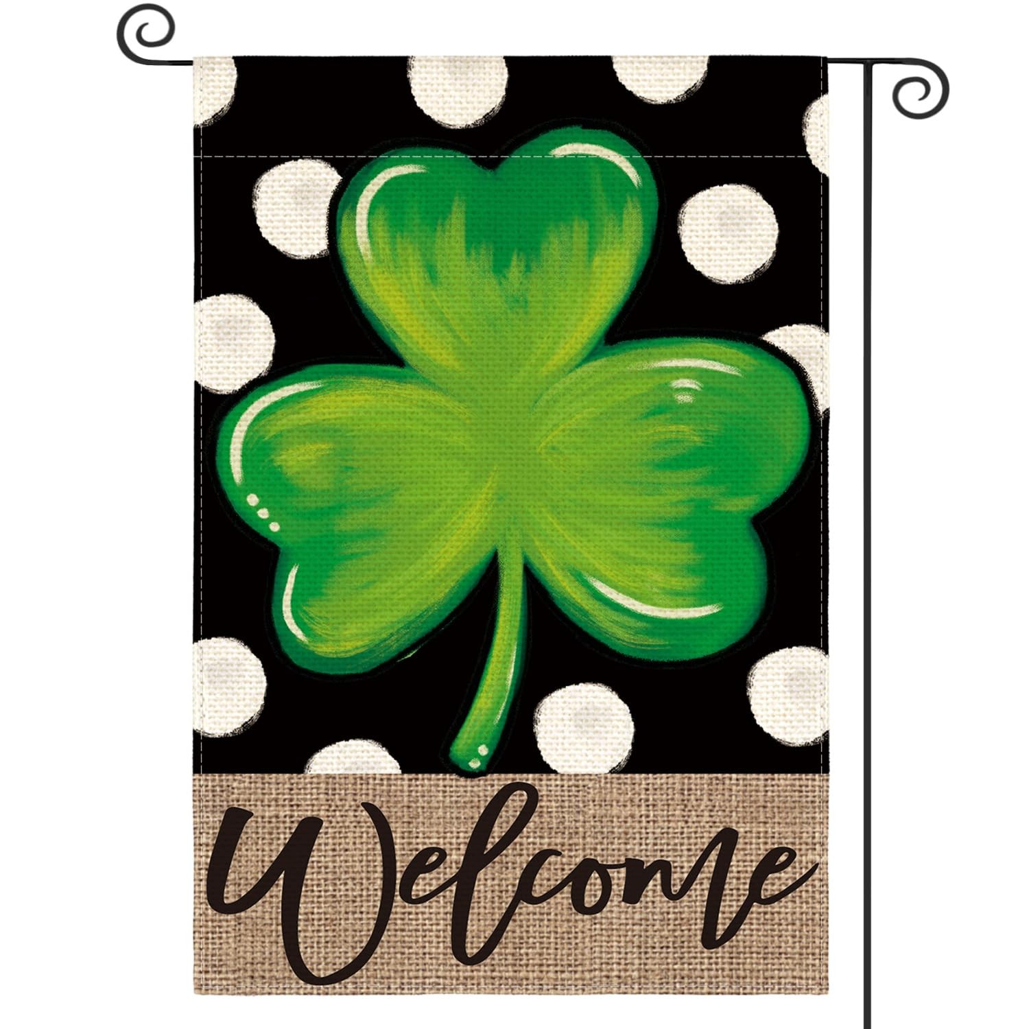 Welcome Lucky Clover St Patricks Day Garden Flag Double Sided, Polka Dot Shamrr