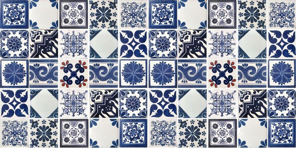 SET #003 contain 50 Mexican 2x2 Off white/Blue Tiles Handmade Talavera Tile