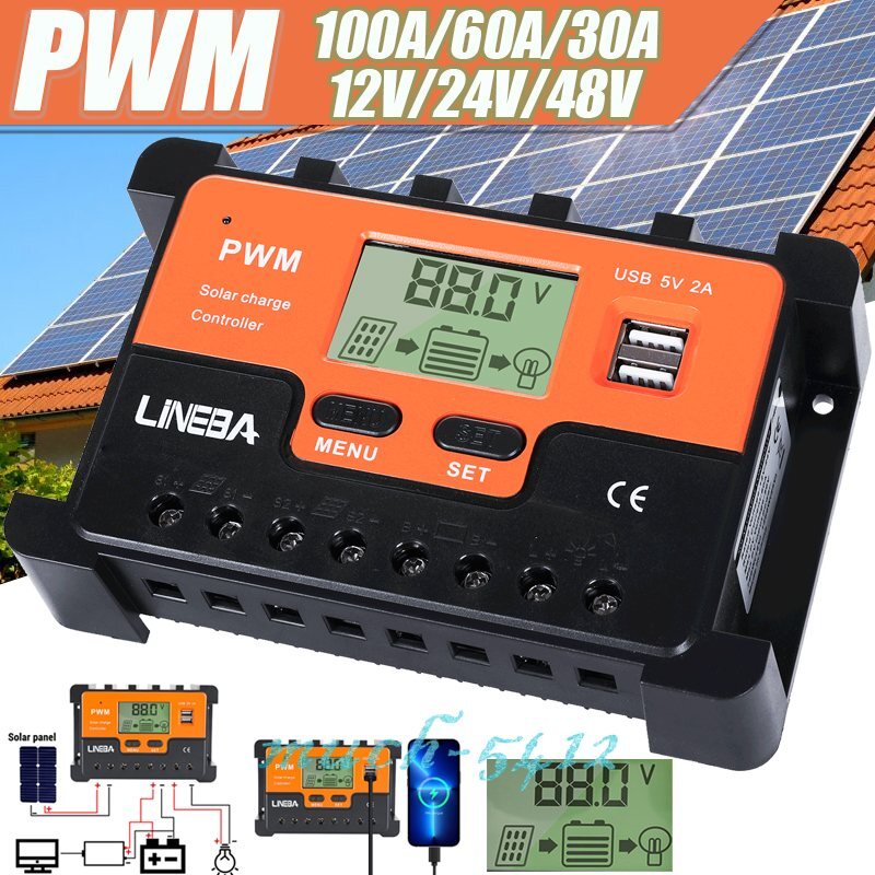 PWM Controlador de carga para solar panel 30A/60A/100A 12V/24V/48V LCD Regulador