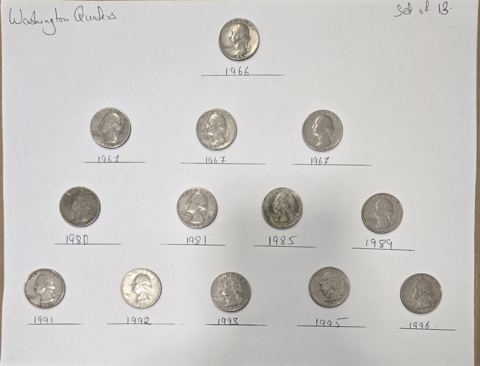 Washington Quaters. Mix Of 13. 1966,67,80,81,85,89,91,92,93,95,96.
