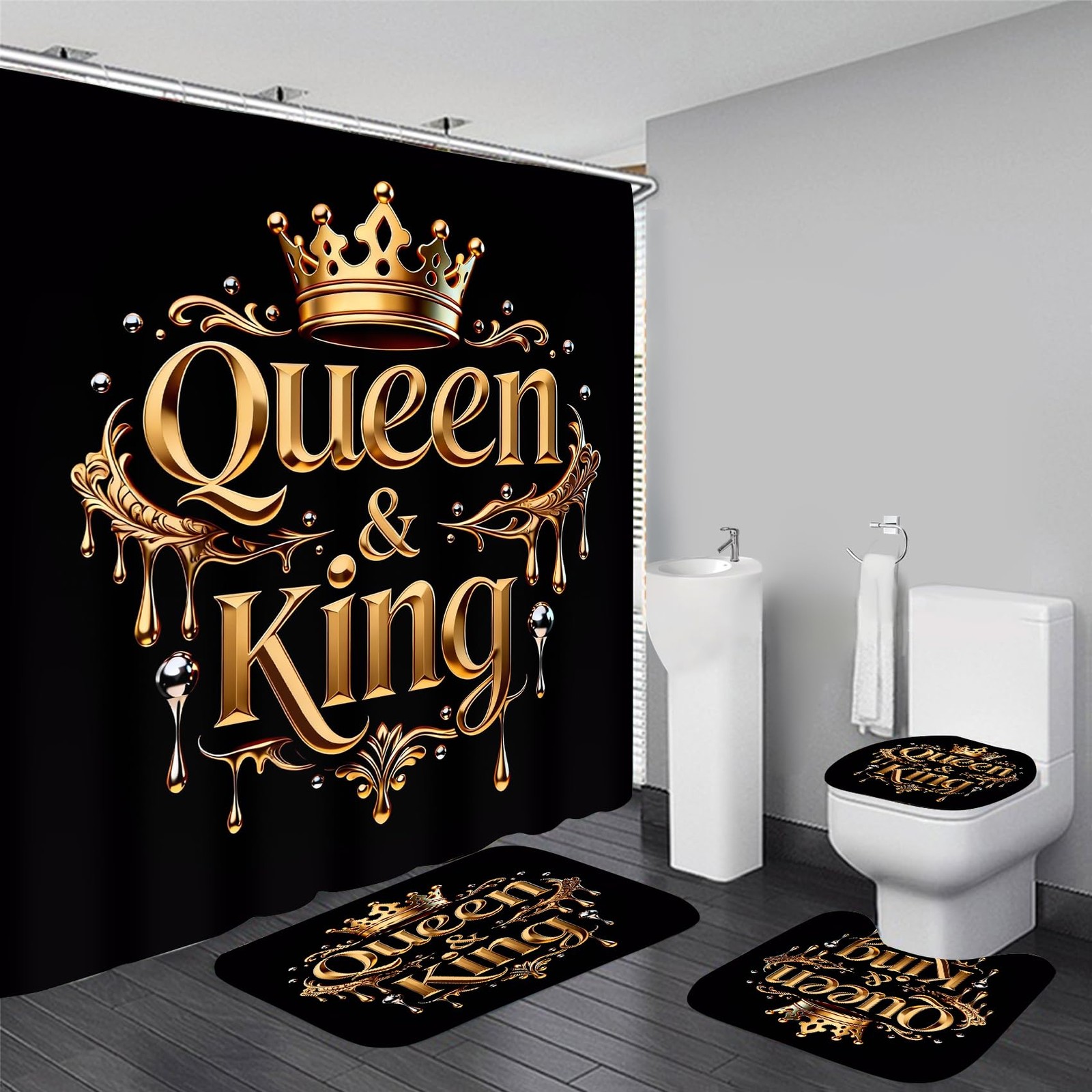 Golden Crown Print Shower Curtain Set Black Luxury Bathroom Sets with Shower ...