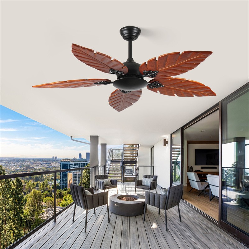 52" Tropical Ceiling Fan No Light 5 Solid Wood Palm Leaf Blade Reversible