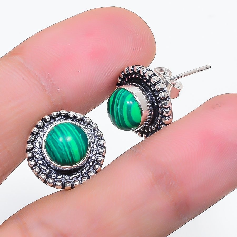 Green Malachite Gemstone Handmade 925 Sterling Silver Jewelry Stud Earring