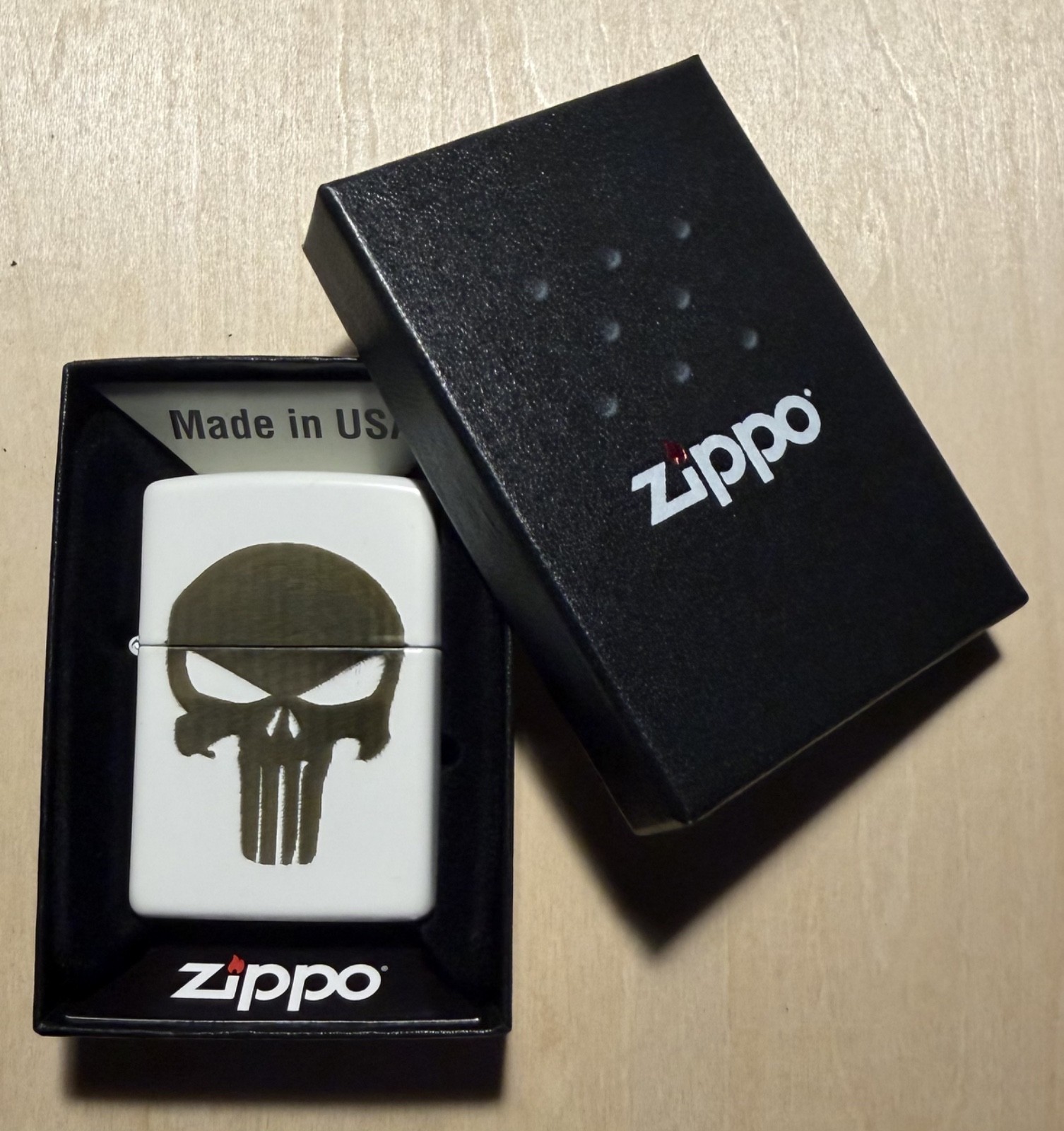 Custom Zippo Lighter with Punisher Logo White Matte