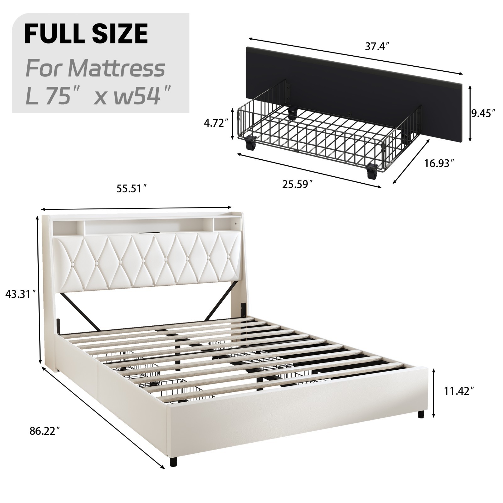 Full Bed Frame - Ergonomic Headboard, Outlets, LED, Storage (Noise-Free)