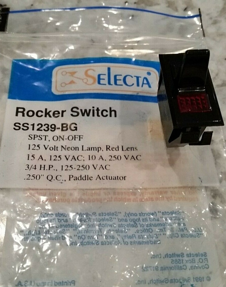 SELECTA SWITCH SS1239-BG  SPST   ON-OFF 15 AMP   ROCKER SWITCH, RED LENS