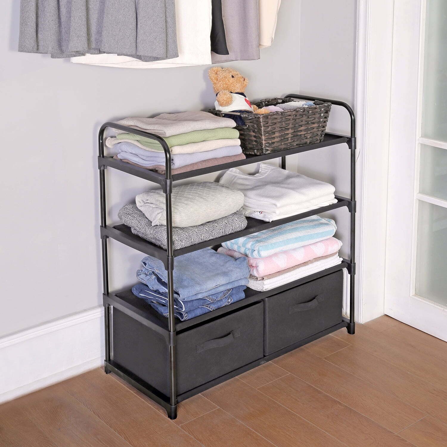 4 Shelf Closet Organizer with 2 Bins Metal Frame Storage Shelving Adult Child US
