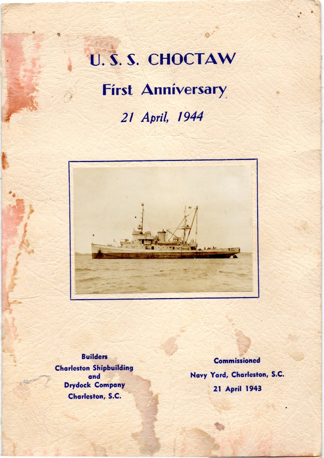 U. S. S. Choctaw Navajo Class Fleet Tug First Anniversary Dinner Menu 1944