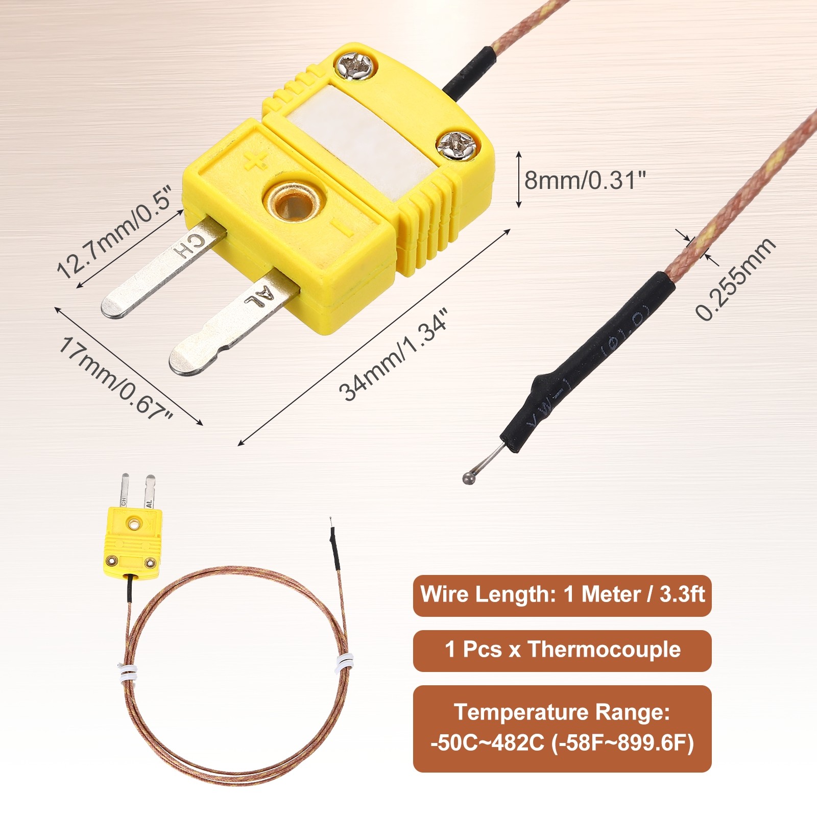 K Type Thermocouple Mini Connector Temperature Sensor 3.3ft, 1.3mm Wire