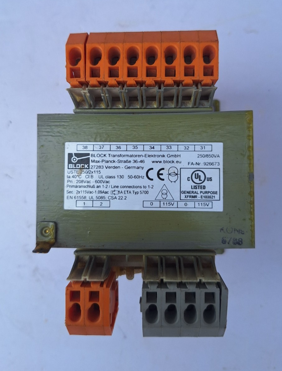 BLOCK USTE 250/2X115 CONTROL AND ISOLATING TRANSFORMER 208/600VAC TO 2 X 115VAC