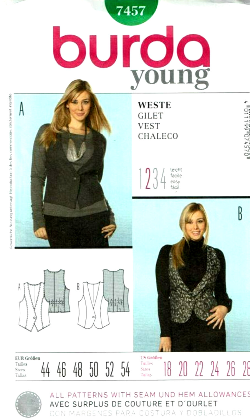 Burda 7457 Vest (2 Styles) Misses Sizes: 18-28  NEW!