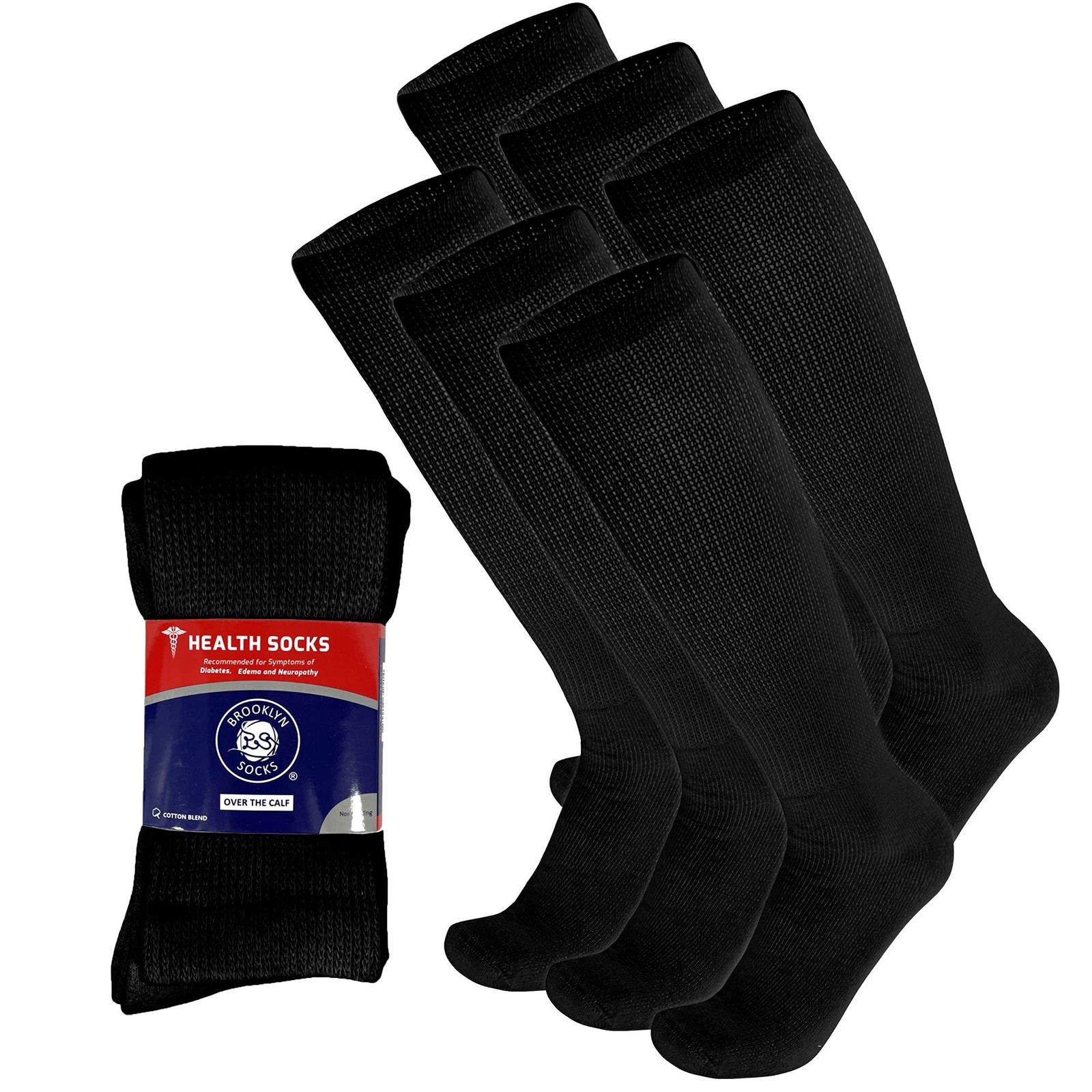 6 Pairs of Diabetic Over The Calf - Knee High Cotton Socks (Black - 6 Pairs, ...