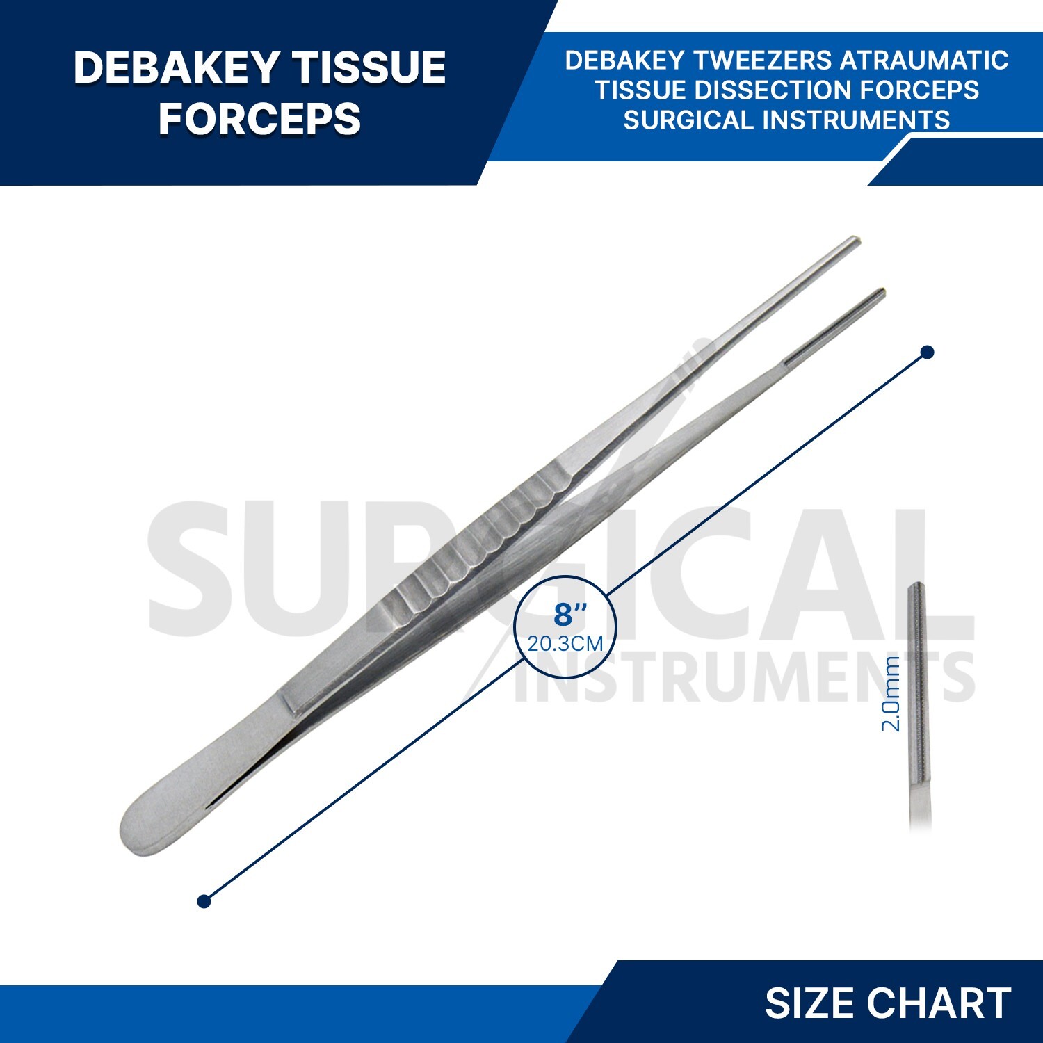 Debakey Atraumatic Artery Forceps Clamp 8" with 2MM Tip ENT Surgical German Gr