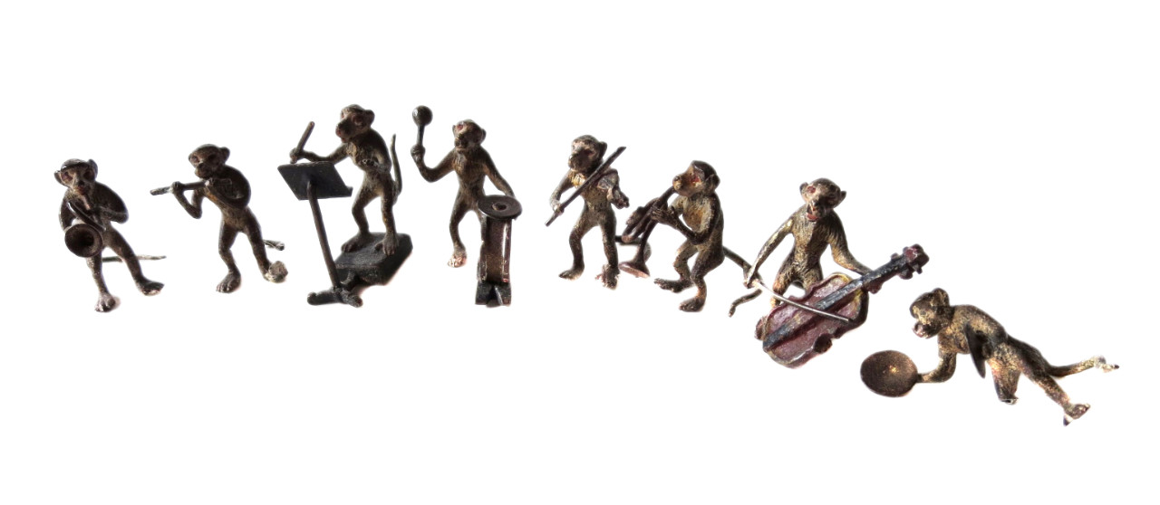 MONKEY Band ANTIQUE Austrian Vienna BRONZE COLD Painted 8 FIGURES