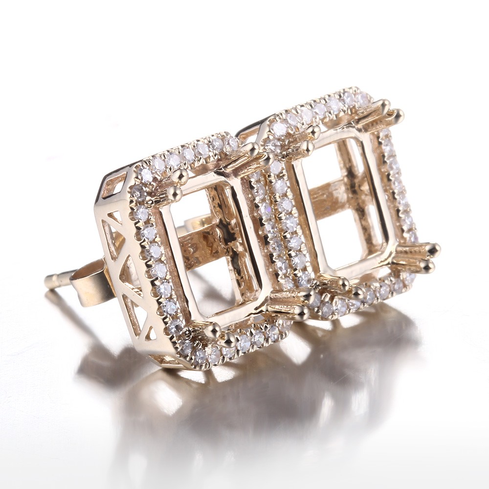Solid 10K Yellow Gold 0.24ct Natural Diamond Earrings 7x5mm Emeral Semi Mount
