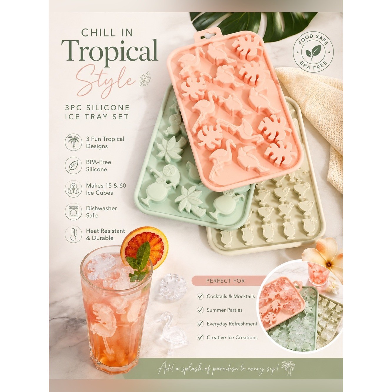 CWC Mojito 3-Piece Silicone Tropical Ice Tray Set BPA-Free NWT