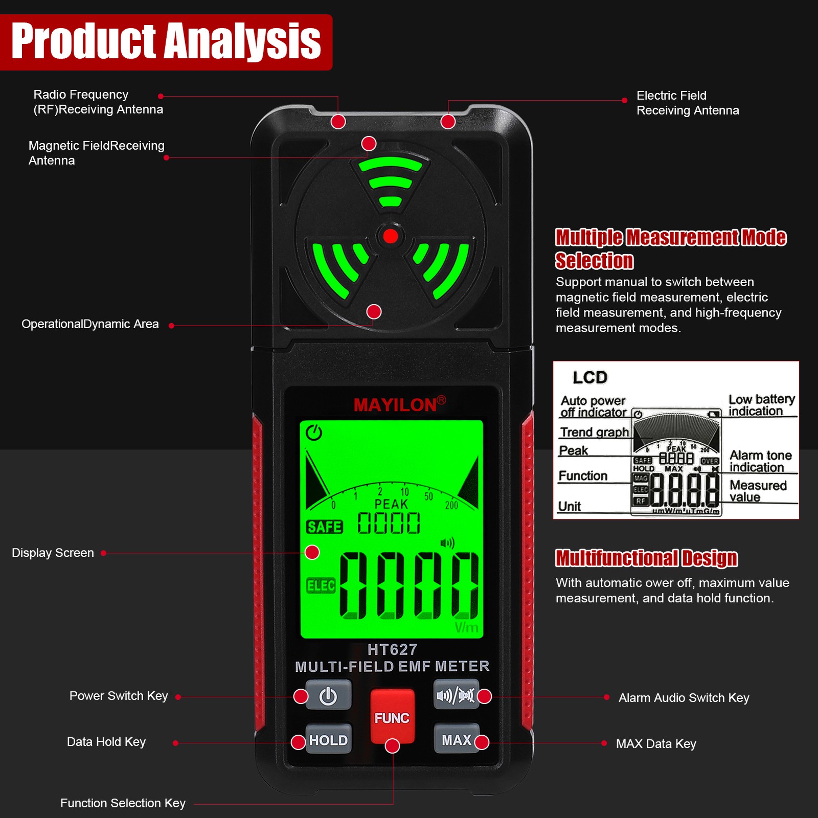 MAYILON Handheld EMF Meter Portable Electromagnetic Radiation Detector V1