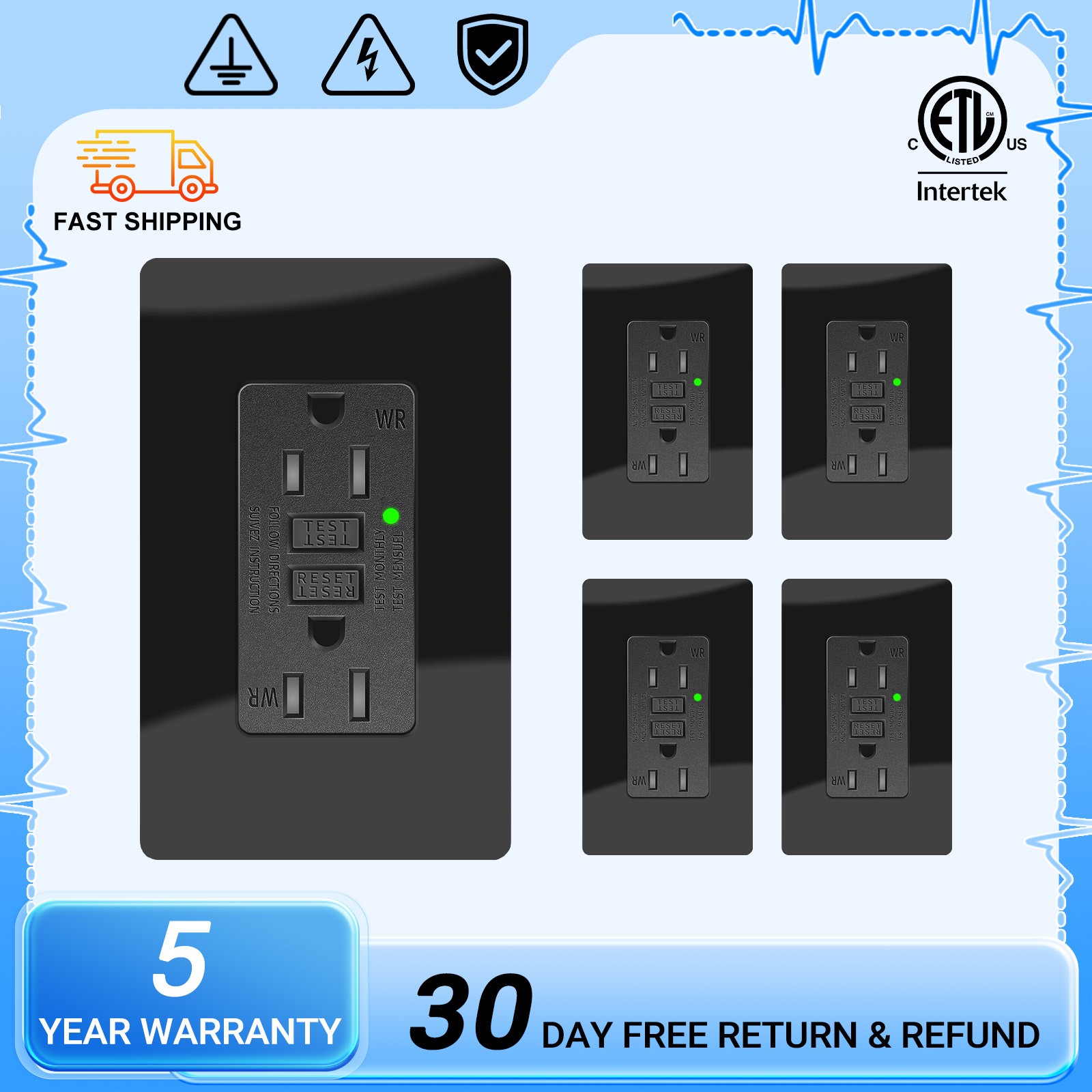 5PK 15A Black GFCI Outlet WR TR ETL Listed LED Indicator & Decor Plate/Screws