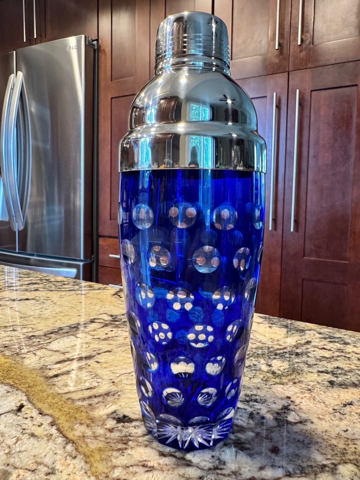 MCM Cobalt Blue Cut To Clear Glass 3-Pc Cocktail Shaker Stainless Strainer & Cap