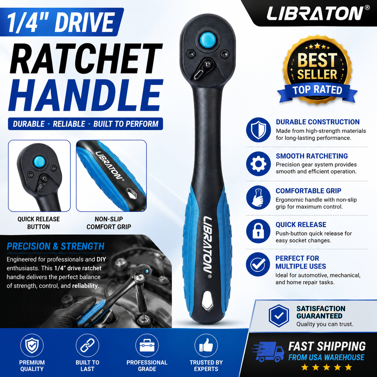 1/4" Drive Ratchet Handle 72 Tooth Quick Release Reversible Socket Wrench Tool
