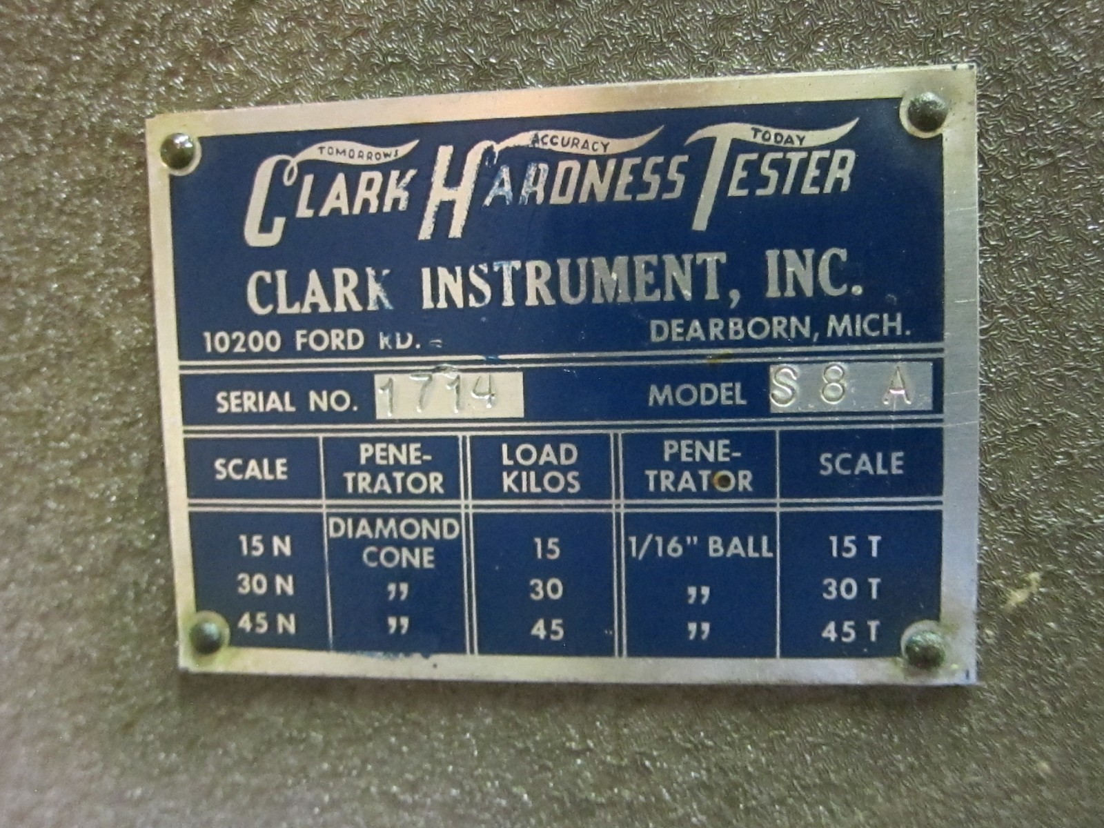 Clark Hardness Tester Model S8A, Used/Untested, Comes w/ Stand by Freight