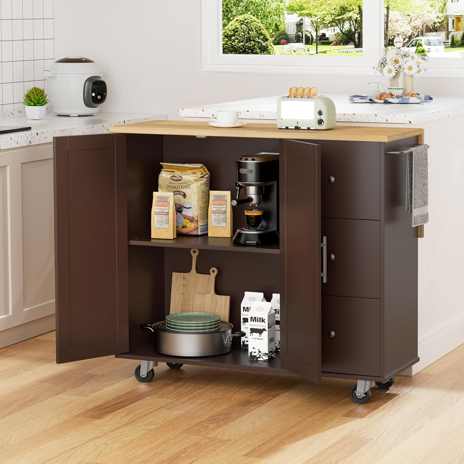 Kitchen Island with Folding Drop Leaf, Rolling Island Table with Storage, Kitche
