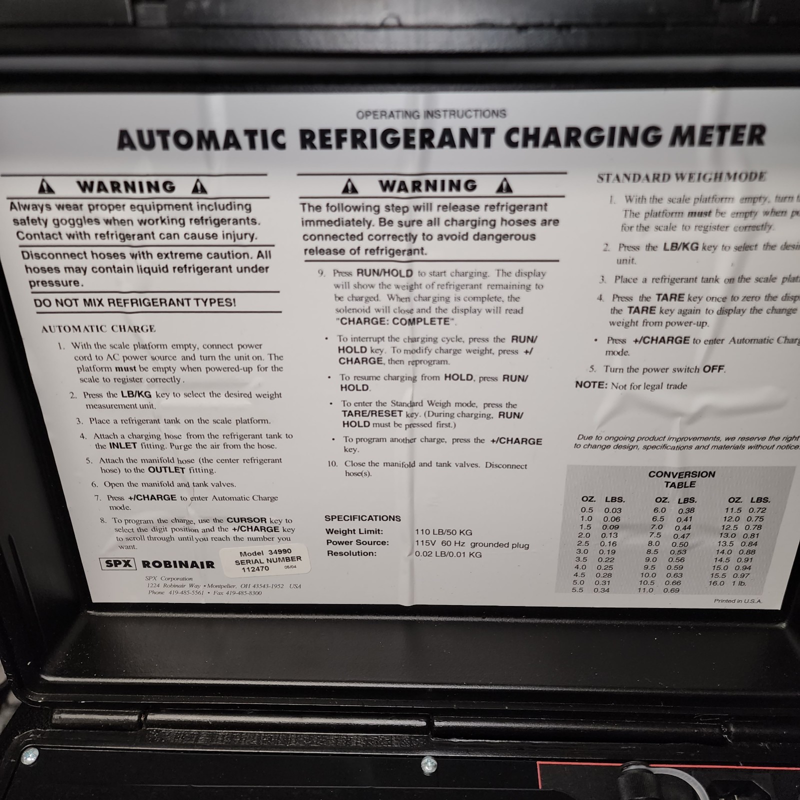 ROBINAIR 34990 AUTOMATIC REFEIGERANT CHARGING METER
