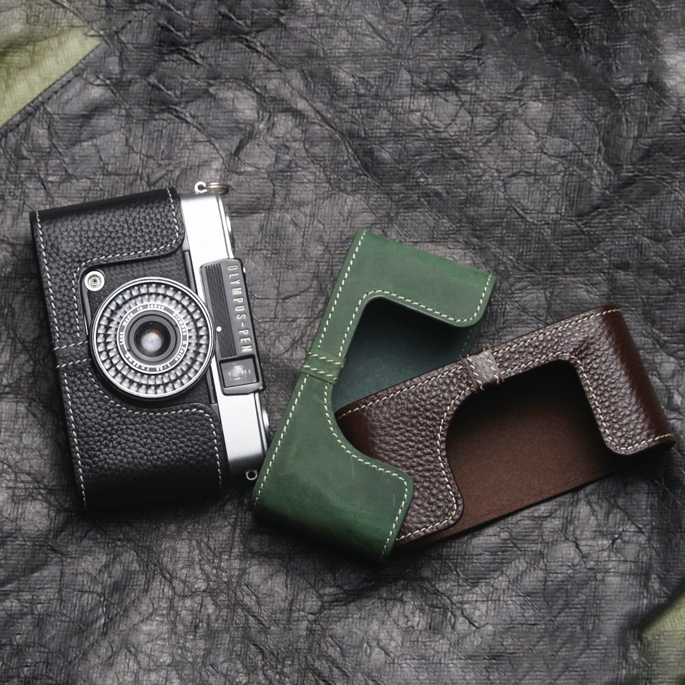 For Olympus PEN-EE3 Case Real Genuine Leather Half Camera Case Bag Cover Green