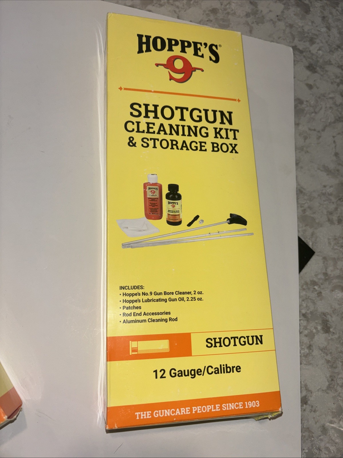 Hoppe's No. 9 shotgun cleaning kit designed for 12-gauge firearms.