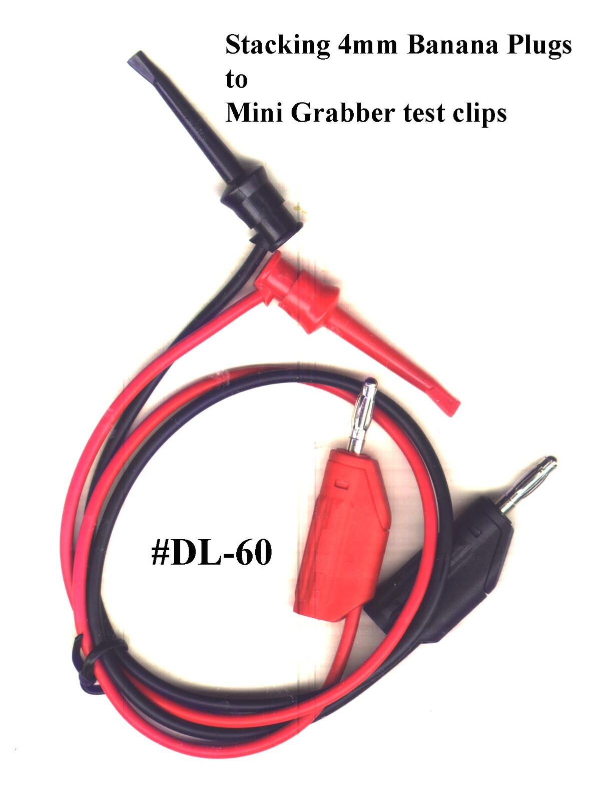 Stacking Banana Plug to Mini-Grabbers patch cords, Black/Red for multi-meters