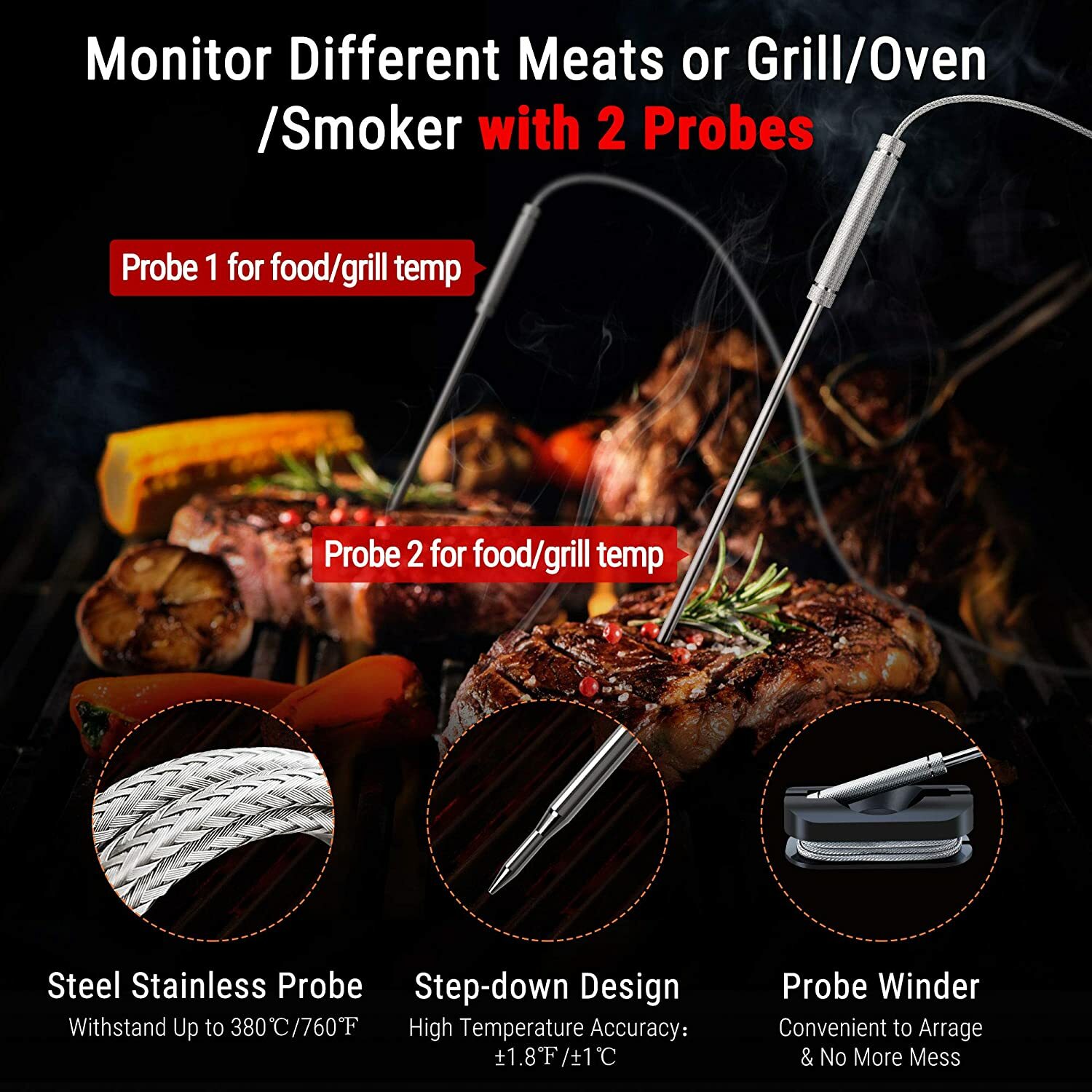 ThermoPro 500ft Long Range Bluetooth Meat Thermometer Wireless Grill Dual Probe