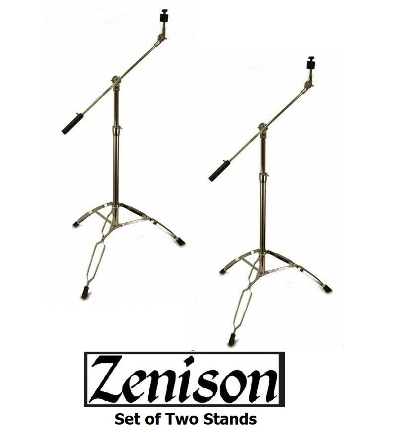 Set of 2 Cymbal Boom Stands Chrome Heavy Duty 1" Adjustable Double Braced Tripod