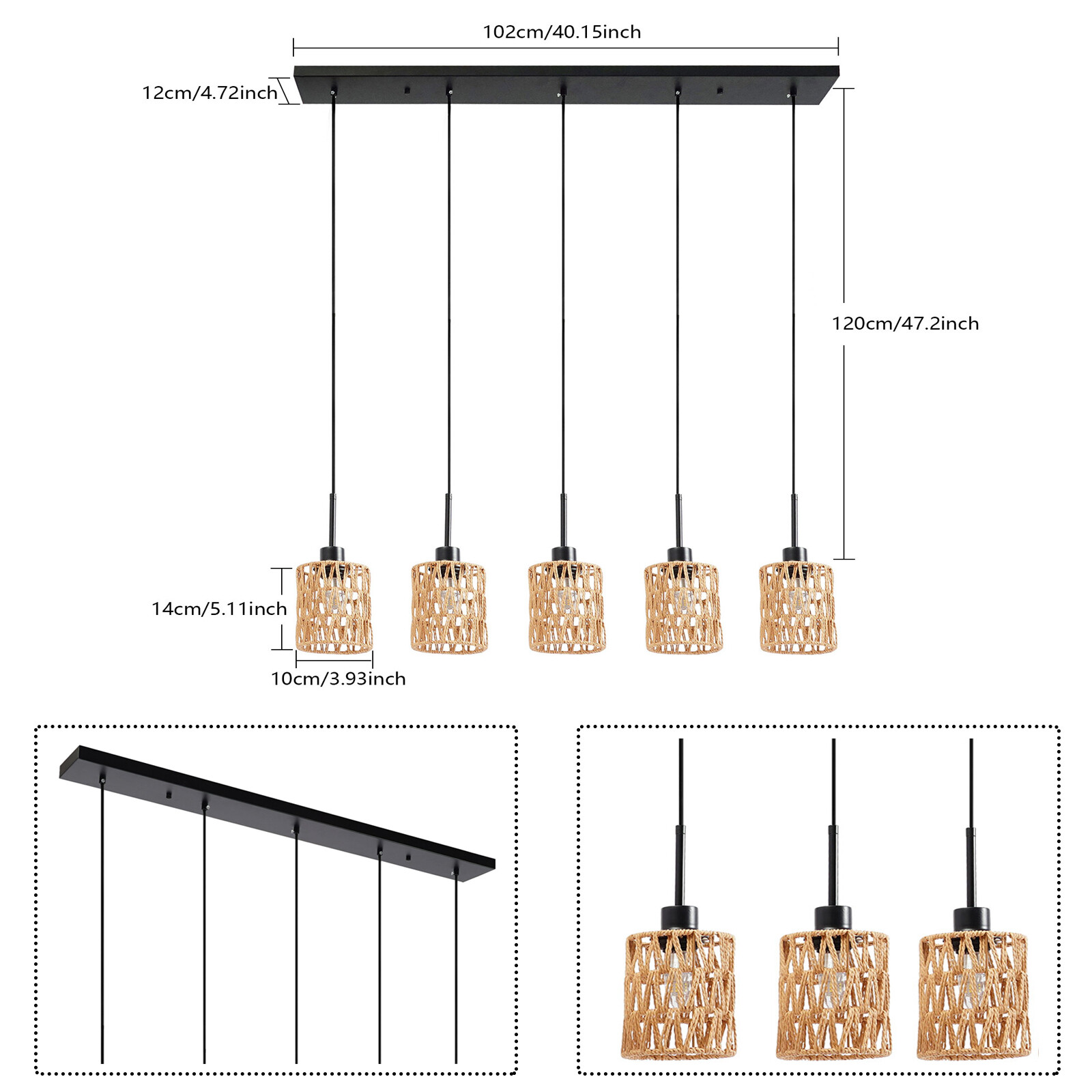 5-Light Pendant Light Height Adjustable Hanging Ceiling Light Fixture Indoor